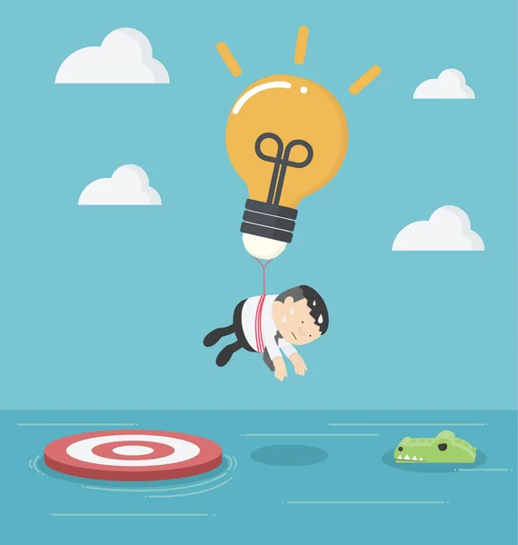 Businessman with a light bulb parachute is flying above the rive — Stock Vector