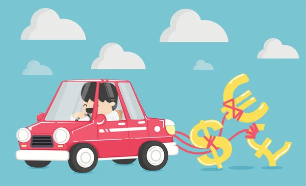 La gente de negocios está feliz de conducir un coche feliz con el dinero — Vector de stock