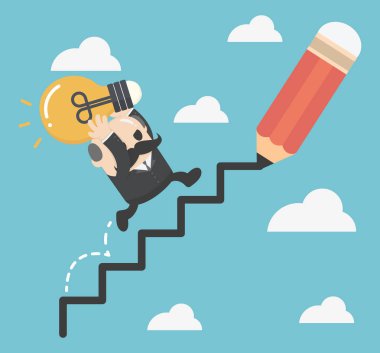 İşadamı merdiven ve kadar yürüyüş çizer. Amaca ulaşmak. Büyüme için