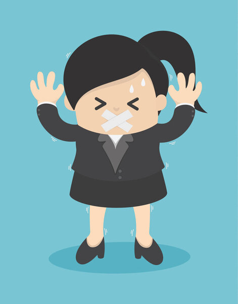 Деловая женщина, связанная лентой вокруг рта
 