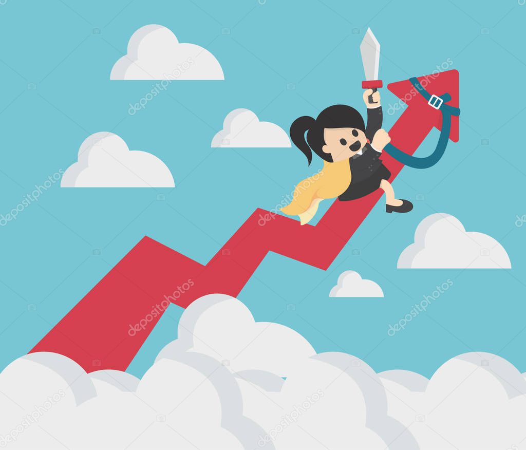 Business woman riding success arrow graph up to sky