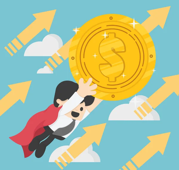 Cartoon character, Flying businessman holding a coin . Superhero — Stock Vector