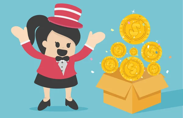 Magic show that makes a lot of coins out of the box represents w — Stock Vector
