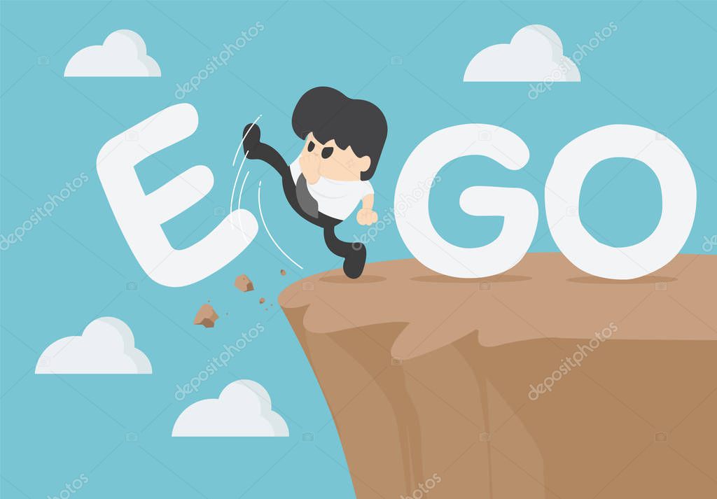 Businessman is an egoist with word ego kicked off the cliff