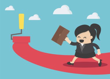 İş kadını başarıya giden yolda senin için boya silindiri ile yürüyor.