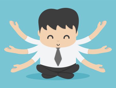 Meditasyon, rahatlama ve huzur için oturan iş adamı ya da adam, iş hakkında bilgisi olan insanlar.