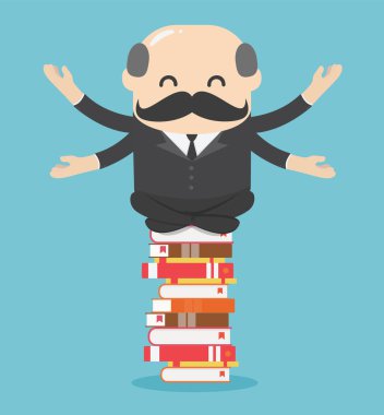 Baş işadamı meditasyon yapıyor. Bir yığın kitap üzerinde kafa yoruyor. Fikirler, öğrenme, bilgi kavramı.