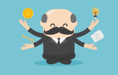 Patron iş adamı farkındalık meditasyonu yapıyor ve stresi atıyor ve potansiyelini ifade ediyor.