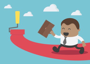 Çizgi film illüstrasyonunu düşünün Afrikalı iş adamı başarıya giden yolda sizin için boya silindiri ile yürüyor. 