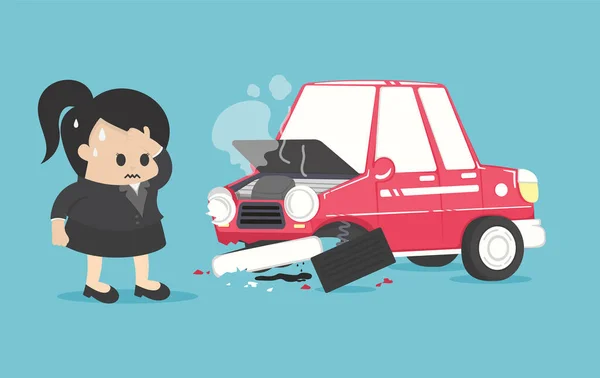 Businesswoman Suffers Car Accident Causing Severe Damage His Car — Stock Vector