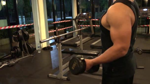 Spor Salonundaki Kaslı Asyalı Adamın Portresi Vücut Ağırlığı Egzersizi — Stok video
