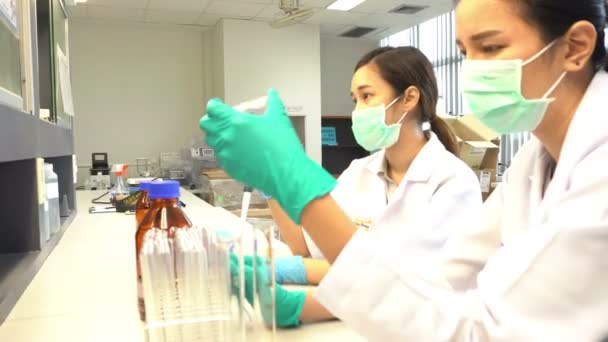 Cámara Lenta Dos Mujeres Asiáticas Científicas Haciendo Pruebas Laboratorio Farmacéutico — Vídeos de Stock