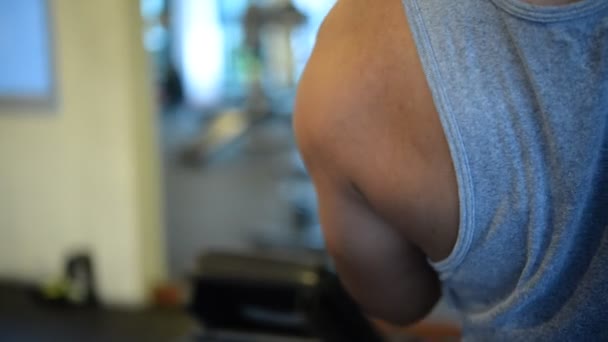Spor Salonundaki Kaslı Asyalı Adamın Portresi Vücut Ağırlığı Egzersizi — Stok video