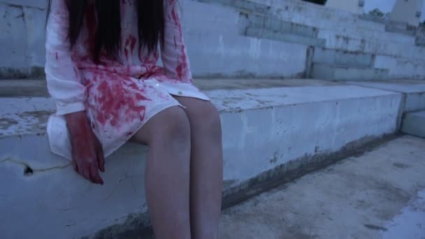 Портрет Азійської Жінки Зображає Обличчя Привида Кров Сценою Жахів Страшним — стокове відео