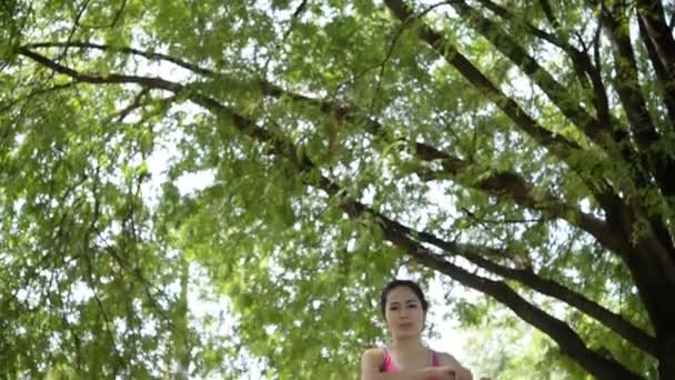 Young Asian Woman Doing Exercises Park Daytime — Stock Video