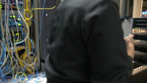 Asian Engineer Working Server Room Maintenance Checking Technical Data — 图库视频影像
