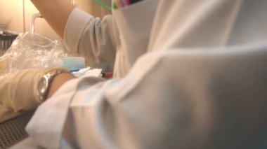 Laboratuvarda çalışan Asyalı bilim adamına yakın çekim. Deneyin sonuçlarını araştıran araştırmacı.
