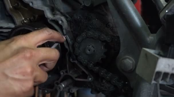 Primer Plano Del Hombre Reparación Motocicleta — Vídeo de stock