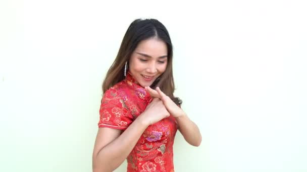 Feliz Año Nuevo Chino Mujer Asiática Vistiendo Ropa Tradicional Cheongsam — Vídeos de Stock