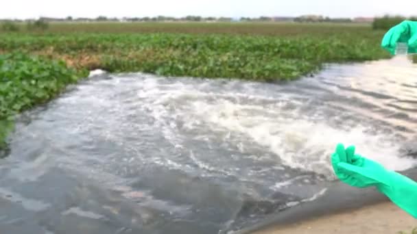 Vrouwelijke Ecoloog Werkt Buurt Van Waterzuiveringsstation — Stockvideo