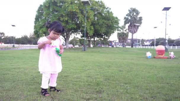 Linda Pequeña Hija Que Sopla Burbujas Parque Durante Día — Vídeo de stock