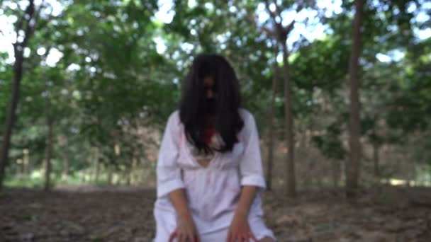 亚洲女人的肖像僵尸脸化妆在户外 恐怖场景 万圣节的概念 — 图库视频影像