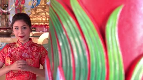 Καλή Κινέζικη Πρωτοχρονιά Ασιάτισσα Που Φοράει Παραδοσιακά Ρούχα Cheongsam — Αρχείο Βίντεο