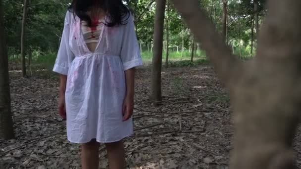 亚洲女人的肖像僵尸脸化妆在户外 恐怖场景 万圣节的概念 — 图库视频影像