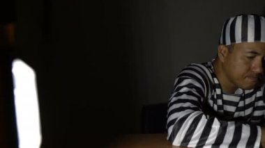 Şüpheli, soruşturmada tutuklanan mahkum kıyafetleri giyiyor, polis karanlık odasında.
