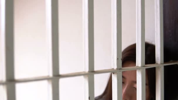 Woman Desperate Catch Iron Prison Prisoner Concept — Stock Video