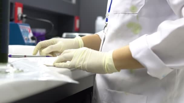 Приближение Женщины Ученого Работающей Лаборатории — стоковое видео