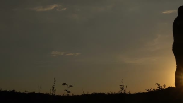 Silhouet Van Aziatische Honkbalspeler Flexspieren Met Knuppel Tijdens Prachtige Zonsondergang — Stockvideo