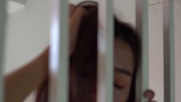 Woman Desperate Catch Iron Prison Prisoner Concept — Stock Video