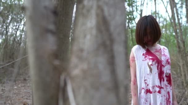 亚洲女人 化妆僵尸 血染白衣 恐怖场景 万圣节的概念 — 图库视频影像