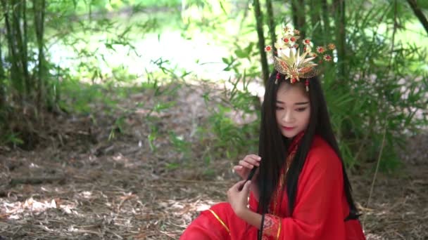 Asyalı Bir Kadının Portresi Eski Tayland Kırmızı Elbisesi Altın Tacı — Stok video