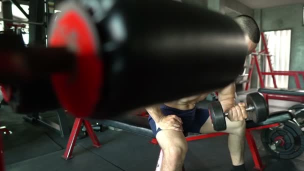 Hombre Asiático Con Grandes Músculos Entrenando Peso Gimnasio — Vídeos de Stock