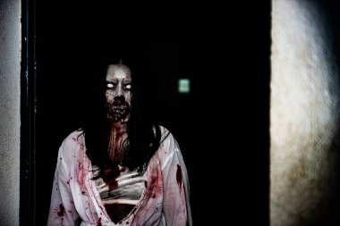 Asyalı kadın portresi hayalet yüzü, korku sahnesi, korkunç arka plan, Cadılar Bayramı posteri. 