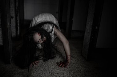 Asyalı kadın portresi hayalet yüzü, korku sahnesi, korkunç arka plan, Cadılar Bayramı posteri. 