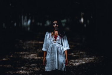 Asyalı kadın portresi hayalet yüzü, korku sahnesi, korkunç arka plan, Cadılar Bayramı posteri. 