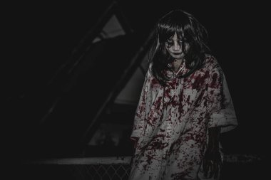 Asyalı kadın portresi hayalet yüzü, korku sahnesi, korkunç arka plan, Cadılar Bayramı posteri. 