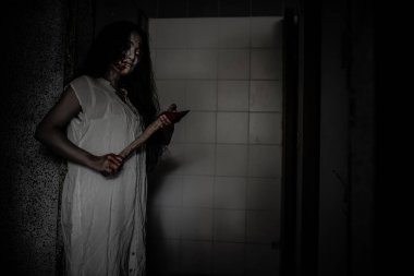 Asyalı kadın portresi hayalet yüzü, korku sahnesi, korkunç arka plan, Cadılar Bayramı posteri. 