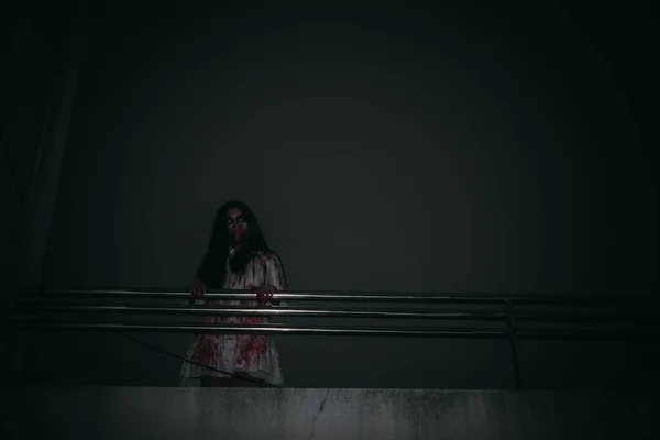 Retrato Mujer Asiática Conforman Cara Fantasma Escena Horror Fondo Miedo — Foto de Stock