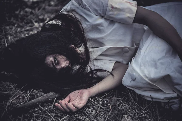Portret Van Aziatische Vrouw Make Spook Gezicht Horror Scene Enge — Stockfoto