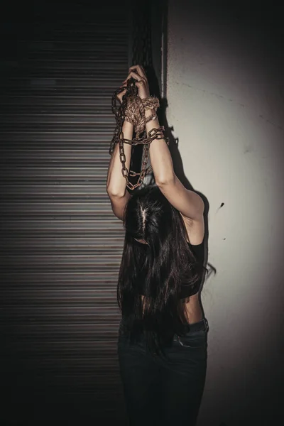 Asian Hostage Woman Bound Rope Night Scene — Stock Photo, Image