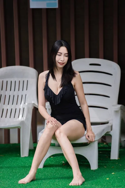Portrait Asian Sexy Woman Swimming Pool Thailand Woman Has Slim — Stock Photo, Image