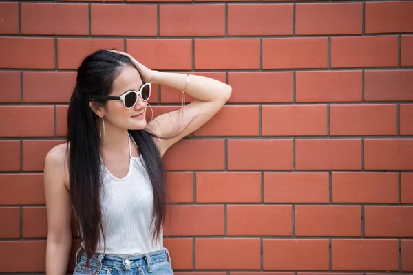 Portrait Beautiful Asian Chic Girl Pose Take Picture Brick Wall — Stock Photo, Image