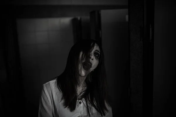 Portret Van Aziatische Vrouw Make Spook Gezicht Horror Scene Enge — Stockfoto