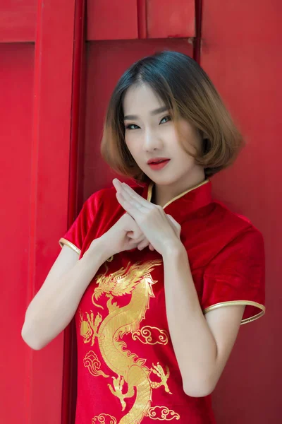 Portrait Beautiful Asian Woman Cheongsam Dress Happy Chinese New Year — Stock Photo, Image