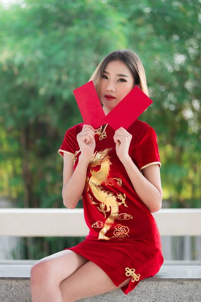 Cheongsam Elbisesi Içinde Güzel Bir Asyalı Kadın Portresi Mutlu Çin — Stok fotoğraf