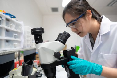 Laboratuvarda çalışan Asyalı bilim adamı araştırmacılar deneyin sonuçlarını araştırıyorlar.
